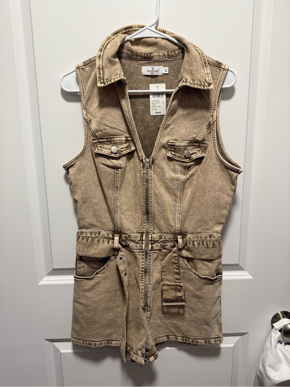 Windsor Sleeveless Denim Romper Jacket in Tan
